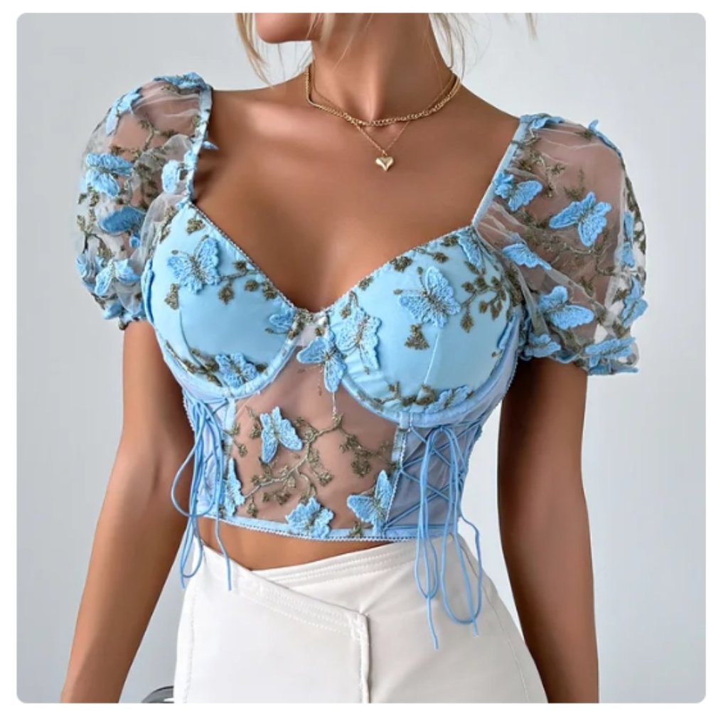 Puff Sleeve Crop Top-Bra Top